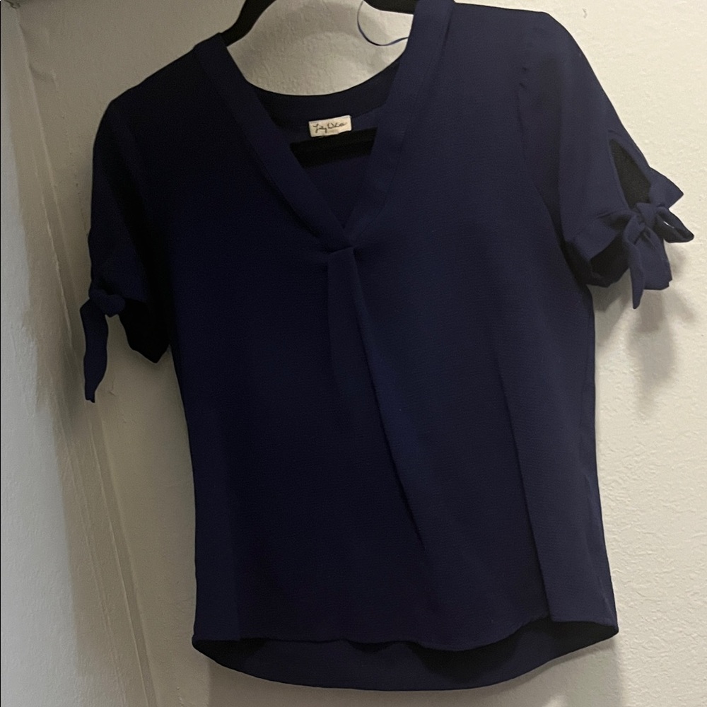 Lily White Deep Blue Blouse with Tie Sleeves